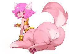 Rule 34 | 1girl, absurdres, animal ears, anus, blush stickers, bracelet, centauroid, cleft of venus, dog ears, dog tail, fang, female focus, furry, gold, highres, jewelry, looking back, lying, monster girl, open mouth, paw pose, pawpads, pink eyes, pink hair, pussy, puyopuyo, puyopuyo quest, scylla (puyopuyo), simple background, solo, sora sakura, tail, taur, white background