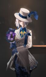 Rule 34 | 1girl, absurdres, blue gloves, blue pants, blue shirt, bouquet, breasts, brown background, coat, collared shirt, cowboy shot, eugle na, flower, gloves, grey eyes, grey hair, hat, hat feather, hat over one eye, highres, holding, holding bouquet, long sleeves, looking at viewer, neck ribbon, one eye covered, pants, purple flower, reverse:1999, ribbon, shirt, short hair, simple background, small breasts, solo, top hat, vertin (reverse:1999), white coat, white hat, yellow ribbon