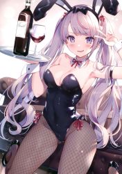 Rule 34 | 1girl, absurdres, alcohol, animal ears, armband, armpits, black footwear, blush, bottle, bow, breasts, brown pantyhose, cleavage, couch, cup, drinking glass, fake animal ears, fishnet pantyhose, fishnets, hair bow, hair ribbon, headband, high heels, highres, holding, holding tray, kat (bu-kunn), kneeling, leotard, long hair, looking at viewer, multicolored hair, original, pantyhose, patent heels, pink hair, playboy bunny, purple eyes, rabbit ears, ribbon, scan, shoes, silver hair, streaked hair, swept bangs, tray, twintails, v, very long hair, wine, wine bottle, wine glass, wrist cuffs
