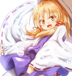 Rule 34 | 1girl, baram, blonde hair, commentary request, hat, long sleeves, looking at viewer, medium hair, moriya suwako, open mouth, purple skirt, simple background, skirt, solo, thighhighs, touhou, white background, white sleeves, white thighhighs, wide sleeves, yellow eyes