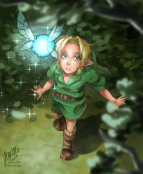 Rule 34 | 1boy, blonde hair, blue eyes, boots, edo-sama, fairy, fairy wings, forest, from above, glowing, hat, highres, knee boots, link, nature, navi, nintendo, pointy ears, sparkle, the legend of zelda, the legend of zelda: ocarina of time, tunic, wings