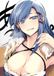 Rule 34 | 1girl, absurdres, blue eyes, blue hair, blush, breasts, breath, cleavage, criss-cross halter, d:, final fantasy, final fantasy crystal chronicles, hair ornament, halterneck, hand up, highres, ku-ba, large breasts, long hair, looking at viewer, open mouth, selkie, solo, sweat, upper body, wolfie selkie (female), x hair ornament