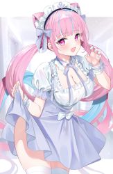 Rule 34 | 1girl, :d, ahoge, blue hair, blue nails, blunt bangs, blush, breasts, claw pose, cleavage, cowboy shot, detached collar, drill hair, frilled cuffs, frilled hairband, frilled shirt, frills, hairband, highres, hololive, karijo, large breasts, looking at viewer, maid headdress, minato aqua, minato aqua (1st costume), multicolored hair, nail polish, open mouth, pink eyes, pink hair, puffy short sleeves, puffy sleeves, shirt, short sleeves, sidelocks, skirt hold, smile, solo, streaked hair, thighhighs, thighs, twin drills, two-tone hair, virtual youtuber, white hairband, white thighhighs, wrist cuffs