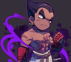 Rule 34 | 1boy, abs, arm at side, belt, black hair, clenched hand, closed mouth, gloves, grey background, heterochromia, kotorai, looking ahead, male focus, mishima kazuya, navel, no nose, pants, pectorals, purple belt, purple eyes, red eyes, red gloves, scar, scar on arm, scar on chest, signature, solo, studded gloves, tekken, thick eyebrows, topless male, upper body, v-shaped eyebrows, white pants
