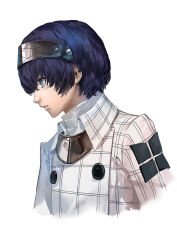 Rule 34 | 1boy, black hairband, blazpu, blue eyes, blue hair, buttons, collared jacket, commentary, cropped torso, english commentary, hairband, highres, jacket, male focus, metaphor: refantazio, parted lips, plaid, plaid jacket, profile, protagonist (metaphor: refantazio), short hair, simple background, solo, white background, white jacket
