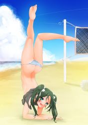 Rule 34 | 1girl, absurdres, aqua eyes, ass, bad id, bad pixiv id, ball, barefoot, beach, butt crack, clothes lift, day, fang, feet, francesca lucchini, green hair, gymnastics, hair ribbon, highres, long hair, looking at viewer, open mouth, panties, plantar flexion, ribbon, shirt lift, smile, solo, stormcow, strike witches, striped clothes, striped panties, thighs, twintails, underwear, volleyball (object), volleyball net, world witches series