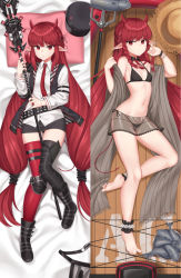 Rule 34 | 1girl, arknights, asymmetrical legwear, barefoot, bed sheet, bikini, black bikini, black footwear, black headwear, black skirt, black thighhighs, black vest, boots, braid, breasts, closed mouth, collarbone, collared shirt, commentary, dakimakura (medium), dress shirt, english commentary, hat, unworn hat, unworn headwear, highres, holding, horns, kurisu-kun, long hair, long sleeves, looking at viewer, lying, mismatched legwear, multiple views, navel, necktie, on back, parted lips, peaked cap, pointy ears, polearm, red eyes, red hair, red necktie, red thighhighs, see-through, shirt, skirt, small breasts, soles, swimsuit, thighhighs, thighhighs under boots, trident, twin braids, v-shaped eyebrows, very long hair, vest, vigna (arknights), vigna (casual vacation) (arknights), weapon, white shirt
