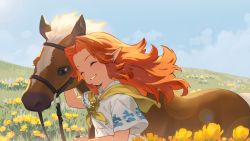 Rule 34 | 1girl, animal, arm up, blanco026, blue eyes, blue sky, brown hair, child, closed eyes, cloud, commentary request, day, dress, epona (legend of zelda), field, flower, highres, horse, long hair, malon, nintendo, orange hair, outdoors, parted lips, pointy ears, short sleeves, sky, smile, solo, teeth, the legend of zelda, the legend of zelda: ocarina of time, upper body, white dress, yellow flower