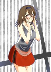 Rule 34 | 1girl, adjusting eyewear, alternate costume, artist request, bespectacled, brown eyes, brown hair, cowboy shot, glasses, hairband, kantai collection, looking at viewer, red skirt, see-through, shiratsuyu (kancolle), skirt, solo, striped, striped background, twitter username