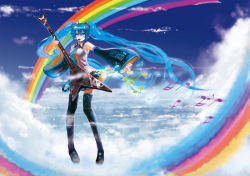 Rule 34 | 1girl, ahoge, blue eyes, blue hair, boots, cloud, day, detached sleeves, female focus, guitar, hatsune miku, headset, ilmkilt, instrument, left-handed, long hair, matching hair/eyes, musical note, necktie, outdoors, rainbow, skirt, sky, solo, thigh boots, thighhighs, twintails, very long hair, vocaloid