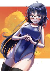 Rule 34 | 1girl, absurdres, ahoge, black hair, black thighhighs, blue one-piece swimsuit, breasts, charomi, cloud, competition swimsuit, covered navel, cowboy shot, gero mitsuki, glasses, grey hair, highres, large breasts, long hair, looking at viewer, one-piece swimsuit, onsen musume, orange sky, red-framed eyewear, sky, solo, swimsuit, thighhighs, two-tone swimsuit