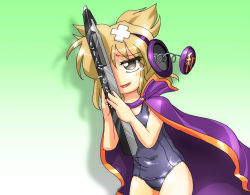 Rule 34 | 1girl, bandaid, blonde hair, brown eyes, cape, covered navel, crossed bandaids, earmuffs, electric wind instrument, gameplay mechanics, green background, instrument, one-piece swimsuit, school swimsuit, short hair, simple background, skin tight, solo, standing, swimsuit, touhou, toyosatomimi no miko, winn