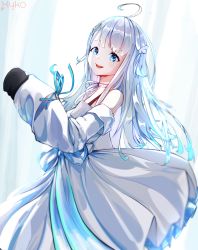 Rule 34 | 1girl, absurdres, ahoge, amatsuka uto, angel wings, bare shoulders, blue eyes, blue hair, colored tips, detached sleeves, dress, flowing dress (dq), hair ornament, hairclip, halter dress, halterneck, highres, indie virtual youtuber, layered dress, long hair, long sleeves, looking at viewer, multicolored hair, off-shoulder dress, off shoulder, open mouth, ribbon, simple background, sleeves past wrists, smile, solo, teeth, twintails, virtual youtuber, wings, xykoaku
