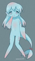 Rule 34 | 1girl, :o, air bubble, animal ears, blue eyes, blue hair, blue sclera, blue skin, bubble, colored sclera, colored skin, filet (kai himo), fins, full body, gills, gradient hair, grey background, hand up, head fins, kai himo, knees together feet apart, long hair, monster girl, multicolored hair, no feet, no hands, nude, original, parted lips, pink hair, red pupils, solo, tail, twitter username