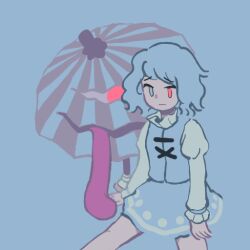 Rule 34 | 1girl, blue background, blue eyes, blue hair, blue skirt, blue umbrella, blue vest, closed mouth, collared shirt, commentary, cowboy shot, flat color, frilled shirt collar, frilled sleeves, frills, frown, heterochromia, high collar, juliet sleeves, long sleeves, long tongue, miniskirt, oil-paper umbrella, puffy sleeves, red eyes, shirt, short hair, simple background, sitting, skirt, skirt set, solo, symbol-only commentary, tatara kogasa, tongue, touhou, umbrella, vest, waiwa way, white shirt, worried, you gonna get raped