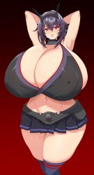 Rule 34 | 1girl, alternate color, armored skirt, armpits, arms behind head, arms up, bikini, blush, breasts, choker, cleavage, covered erect nipples, curvy, gigantic breasts, gradient background, hair between eyes, hair ornament, hairband, highres, kantai collection, kloah, knees up, looking at viewer, medium hair, mutsu (kancolle), navel, palette swap, parted lips, purple hair, red eyes, shiny skin, sidelocks, skindentation, skirt, smile, solo, standing, swimsuit, thick thighs, thighhighs, thighs, wide hips