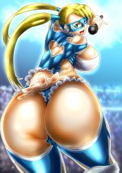 Rule 34 | 1girl, aqua eyes, ass, bad id, bad pixiv id, bare shoulders, blonde hair, breasts, capcom, clothing cutout, domino mask, from behind, green eyes, heart, heart cutout, highres, huge ass, huge breasts, leotard, long hair, looking at viewer, looking back, mask, microphone, muscular, muscular female, numb, open mouth, rainbow mika, shiny clothes, shiny skin, sideboob, smile, solo, street fighter, street fighter v, thong, thong leotard, twintails, very long hair, wrestling outfit