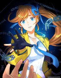 Rule 34 | 1girl, ace attorney, airagency1005, arm at side, athena cykes, black gloves, blue background, blue eyes, blue hairband, blue necktie, blue ribbon, broken, broken chain, chain, collared shirt, crescent, crescent earrings, cropped jacket, d:, earrings, english text, gloves, hair ribbon, hairband, highres, jacket, jewelry, lapel pin, lapels, long hair, looking at viewer, loose necktie, necklace, necktie, open collar, open mouth, orange hair, parted lips, partially fingerless gloves, pov, pov hands, reaching, reaching towards viewer, ribbon, shirt, side ponytail, sidelocks, single earring, sleeve cuffs, solo, swept bangs, teeth, untucked shirt, upper body, upper teeth only, very long hair, white shirt, yellow jacket