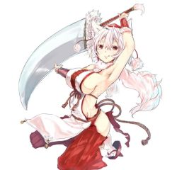 Rule 34 | 1girl, animal ears, arm up, armpits, breasts, caesar8149, commentary request, fur collar, geta, hair between eyes, hat, holding, holding sword, holding weapon, inubashiri momiji, japanese clothes, jpeg artifacts, kneeling, large breasts, licking lips, looking at viewer, no bra, red eyes, red skirt, rope, short hair, sideboob, simple background, skirt, smile, socks, solo, sword, tengu-geta, tokin hat, tongue, tongue out, touhou, weapon, white background, white hair, white socks, wolf ears, wrist cuffs