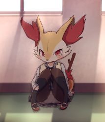 Rule 34 | 1girl, animal ears, animal hands, arm support, beige vest, black socks, blue bow, blue bowtie, blue skirt, blush, bow, bowtie, braixen, clothed pokemon, creatures (company), fang, female focus, fox ears, fox tail, full body, furry, furry female, game freak, gen 6 pokemon, highres, indoors, kneehighs, knees together feet apart, knees up, long sleeves, looking at viewer, mei (lulufla), nintendo, on floor, open mouth, panties, pantyshot, pigeon-toed, plaid, plaid skirt, pleated skirt, pokemon, pokemon (creature), red eyes, red footwear, school uniform, shirt, shoes, sitting, skirt, sleeves past wrists, socks, solo, stick, striped bow, striped bowtie, striped clothes, sunlight, tail, underwear, upskirt, vest, white panties, white shirt, window
