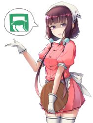 Rule 34 | 1girl, absurdres, blend s, blunt bangs, brown hair, empty eyes, gloves, head scarf, highres, holding, holding tray, looking at viewer, low twintails, pig, puffy short sleeves, puffy sleeves, purple eyes, sakuranomiya maika, shaded face, short sleeves, solo, speech bubble, stile uniform, tamusuguru, thighhighs, tray, twintails, waitress, white background, white gloves, white thighhighs