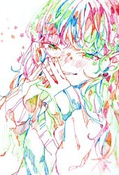 Rule 34 | 1girl, blush, colorful, earrings, green eyes, hatching (texture), jewelry, long sleeves, original, own hands together, signature, sleeves past wrists, solo, star (symbol), sweater, traditional media, upper body, watanabe tomari, white background