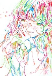 1girl blush colorful earrings green_eyes hatching_(texture) jewelry long_sleeves original own_hands_together signature sleeves_past_wrists solo star_(symbol) sweater traditional_media upper_body watanabe_tomari white_background