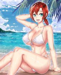 Rule 34 | 1girl, arm behind head, beach, bikini, blue eyes, boudica (fate), breasts, cleavage, collarbone, day, fate/grand order, fate (series), female focus, from side, hair between eyes, highres, large breasts, looking at viewer, nattapuumuu, ocean, open mouth, outdoors, ponytail, red hair, sitting, skindentation, solo, string bikini, summer, swimsuit, thighs, wet, white bikini