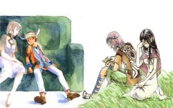Rule 34 | 2boys, 2girls, barefoot, barefoot sandals (jewelry), capelet, couch, couple, crossover, horns, ico, ico (character), mono (shadow of the colossus), multiple boys, multiple girls, shadow of the colossus, sleeping, wander (shadow of the colossus), yorda