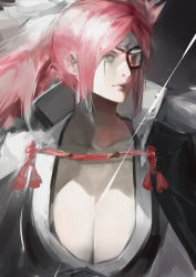 Rule 34 | 1girl, baiken, big hair, black jacket, black kimono, blazpu, breasts, cleavage, eyepatch, guilty gear, guilty gear strive, highres, jacket, jacket on shoulders, japanese clothes, kimono, large breasts, looking to the side, multicolored clothes, multicolored kimono, one-eyed, open clothes, open kimono, pink hair, ponytail, red eyes, samurai, scar, scar across eye, scar on face, white kimono