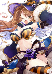 Rule 34 | 10s, 1girl, 218, :d, ;d, armpits, beatrix (granblue fantasy), blurry, breasts, brown eyes, brown hair, candy, cleavage, depth of field, detached sleeves, female focus, food, granblue fantasy, hand on headwear, hat, large breasts, long hair, looking at viewer, matching hair/eyes, navel, one eye closed, open mouth, smile, solo, striped clothes, striped thighhighs, thighhighs, white background, wind, witch hat