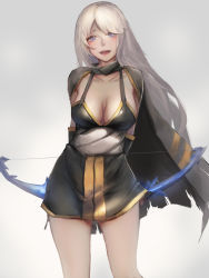 Rule 34 | 1girl, arms behind back, ashe (league of legends), blue eyes, blush, bow (weapon), breasts, cleavage, highres, large breasts, league of legends, long hair, looking at viewer, open mouth, silver hair, sky of morika, smile, solo, standing, thighs, very long hair, weapon