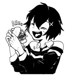 Rule 34 | 1girl, artist name, blupixl, burger, closed eyes, commentary, english commentary, food, hair between eyes, hair ornament, highres, holding, holding food, marvel, monochrome, necktie, open mouth, peni parker, short hair, signature, smile, solo, spider-man: across the spider-verse, spider-man (series), spider-verse, sweat, sweater, tongue, upper body, x hair ornament