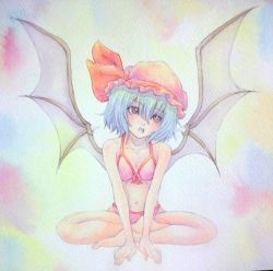 Rule 34 | 1girl, arm support, barefoot, bat wings, bikini, blue hair, blush, bow, collarbone, eyelashes, front-tie top, hat, head tilt, highres, indian style, navel, open mouth, painting (medium), pink bikini, remilia scarlet, short hair, sitting, solo, swimsuit, touhou, traditional media, v arms, watercolor (medium), wings, yuyu (00365676)