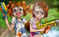 Rule 34 | 2girls, akizuki ritchan, bikini, blue one-piece swimsuit, blurry, blurry background, breasts, brown hair, collarbone, commentary request, day, dot nose, green eyes, hair between eyes, hairband, hand up, highres, holding, holding water gun, idolmaster, idolmaster (classic), long hair, looking at viewer, medium hair, minase iori, multiple girls, name tag, one-piece swimsuit, open mouth, orange hair, outdoors, pink bikini, pink eyes, pink hairband, print shirt, school swimsuit, shirt, short sleeves, sidelocks, small breasts, smile, swimsuit, swimsuit under clothes, takatsuki yayoi, twintails, upper body, v-shaped eyebrows, water gun, wet, wet clothes, wet hair, wet shirt, white shirt