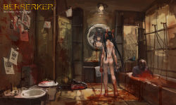 Rule 34 | 1boy, 1girl, absurdres, artist name, ass, bad id, bad pixiv id, barefoot, bathroom, bathtub, black hair, blood, blood on feet, blood splatter, bow, chainsaw, closed mouth, crack, cracked glass, creepy, feet, frown, hair bow, highres, holding, indoors, light, long hair, mirror, nude, original, paper, pliers, red bow, reflection, sink, standing, toilet, twintails, very long hair, yu nuo yang