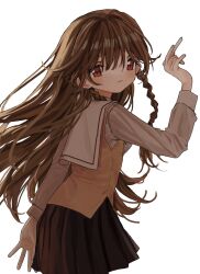 Rule 34 | 1girl, arm at side, black skirt, blush, braid, brown hair, brown vest, chalk, closed mouth, commentary, dress shirt, floating hair, from behind, hand up, highres, holding, holding chalk, leaning forward, light smile, long hair, looking at viewer, looking back, neko yeye, pleated skirt, red eyes, sailor collar, sayonara wo oshiete, school uniform, shirt, side braids, sidelighting, simple background, skirt, sleeve cuffs, solo, sugamo mutsuki, symbol-only commentary, vest, white background, white sailor collar, white shirt