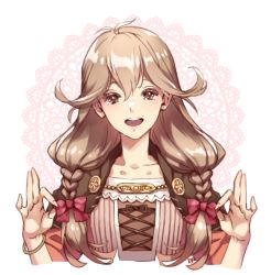 Rule 34 | 1girl, bow, bracelet, braid, brown eyes, brown hair, faye (fire emblem), fire emblem, fire emblem echoes: shadows of valentia, jewelry, long hair, low-braided long hair, low-tied long hair, nintendo, open mouth, solo, tuittabonko, twin braids