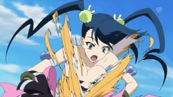 Rule 34 | animated, animated gif, armband, black hair, blue sky, breasts, cloud, covering privates, covering breasts, exploding clothes, gloves, green eyes, hair ornament, hibachi (mushibugyou), mushibugyou, outdoors, screencap, sky, surprised, tearing clothes, torn clothes, twintails