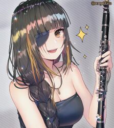 Rule 34 | 1girl, black dress, braid, brown eyes, brown hair, dress, eyepatch, girls&#039; frontline, hanato (seonoaiko), highres, holding, holding instrument, instrument, jewelry, long hair, m16a1 (girls&#039; frontline), mole, mole under eye, multicolored hair, necklace, open mouth, scar