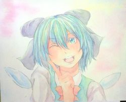Rule 34 | 1girl, acrylic paint (medium), blue eyes, blue hair, bow, cirno, eyelashes, gradient background, graphite (medium), hair bow, ice, ice wings, matching hair/eyes, one eye closed, open mouth, painting (medium), short hair, solo, teeth, touhou, traditional media, upper body, watercolor (medium), wings, yuyu (00365676)