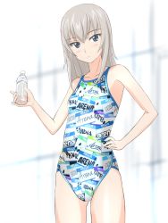 Rule 34 | 10s, 1girl, arena (company), bad id, bad pixiv id, blue eyes, blush, bottle, breasts, collarbone, competition swimsuit, cowboy shot, english text, from below, frown, girls und panzer, gradient background, grey hair, hand on own hip, highres, holding, holding bottle, itsumi erika, looking at viewer, name tag, one-piece swimsuit, print one-piece swimsuit, print swimsuit, short hair, small breasts, solo, standing, striped background, swimsuit, takafumi, tsurime