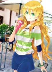 Rule 34 | 1girl, :p, ahoge, blonde hair, bracelet, crepe, food, fruit, green eyes, highres, hoshii miki, idolmaster, idolmaster (classic), jewelry, judo fuu, long hair, looking at viewer, necklace, onigiri, solo, strawberry, tongue, tongue out, very long hair