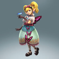 Rule 34 | 1girl, 3d, absurdres, agitha, blonde hair, blue eyes, bug, butterfly, dress, earrings, female focus, full body, gloves, gothic lolita, gradient background, highres, hyrule warriors, insect, jewelry, lolita fashion, long hair, nintendo, official art, pendant, pointy ears, solo, the legend of zelda, the legend of zelda: twilight princess, twintails