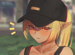 Rule 34 | 1girl, black tank top, blonde hair, bra, bra peek, casual, close-up, dark skin, dark-skinned female, elf, high ponytail, hololive, jewelry, long hair, looking at viewer, necklace, open mouth, pointy ears, red bra, red eyes, roco (rocoroco1115), shiranui flare, solo, surprised, tank top, underwear, virtual youtuber