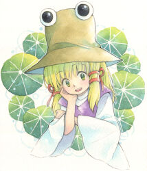 Rule 34 | 1girl, :d, air bubble, arm rest, blonde hair, brown headwear, bubble, cropped torso, crossed arms, elbow rest, green eyes, hair ribbon, head rest, head tilt, japanese clothes, large hat, leaf, leaf background, lily pad, long hair, long sleeves, looking at viewer, moriya suwako, open mouth, painting (medium), purple vest, red ribbon, ribbon, round teeth, smile, solo, tareme, teeth, touhou, traditional media, tress ribbon, turtleneck, upper body, upper teeth only, vest, watercolor (medium), white background, white sleeves, wide sleeves, zuushii (zoosea)