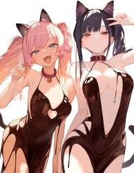 Rule 34 | 2girls, :o, ai-assisted, animal ears, arms behind back, arms up, bell, black hair, blue eyes, breasts, cat girl, chocolate, chocolate dress, chocolate on body, chocolate on breasts, cleavage, cleavage cutout, clothing cutout, collar, eatsleep1111, food on body, highres, large breasts, multicolored hair, multiple girls, neck bell, nightgown, open mouth, original, pink hair, red eyes, side ponytail, simple background, smile, tail, twintails, v