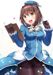 Rule 34 | 1girl, atago (kancolle), atago (kancolle) (cosplay), black gloves, black pantyhose, blush, breasts, brown hair, clipboard, commentary request, cosplay, furutaka (kancolle), gloves, hat, highres, holding, jacket, kantai collection, long hair, long sleeves, looking at viewer, medium breasts, military, military uniform, namae hamada, open mouth, pantyhose, pen, petals, simple background, skirt, smile, solo, uniform, white background, yellow eyes