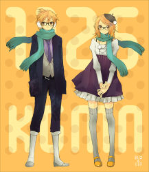 Rule 34 | 1boy, 1girl, bad id, bad pixiv id, belt, beret, bespectacled, black-framed eyewear, blonde hair, brother and sister, dated, dress, earmuffs, full body, glasses, green scarf, grey socks, hands in pockets, hat, jewelry, kagamine len, kagamine rin, kneehighs, long sleeves, looking at viewer, matching hair/eyes, necklace, necktie, orange background, orange eyes, orange footwear, pants, pinstripe pattern, pinstripe shirt, polka dot, purple necktie, ribbed legwear, scarf, shirt, shoes, siblings, socks, spatterdashes, standing, striped, thighhighs, twins, v arms, vest, vocaloid, waistcoat, yoshito