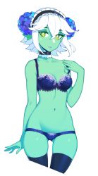 Rule 34 | arm at side, black bra, black choker, black hairband, blue flower, bra, breasts, choker, cleavage, colored skin, commission, flower, frilled bra, frills, gluteal fold, green eyes, green skin, hair between eyes, hair flower, hair ornament, hairband, halphelt, hand up, highres, lipstick, looking at viewer, makeup, navel, original, short hair, simple background, small breasts, solo, standing, thighhighs, thong, underwear, white background, white hair